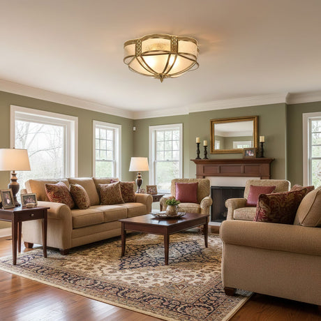 Brass and milk glass ceiling light in a living room with green walls