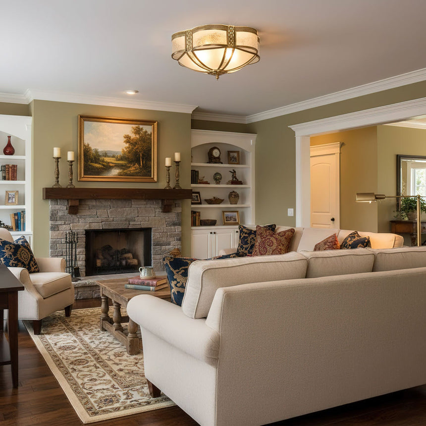 Brass and milk glass ceiling light in a living room with a fireplace