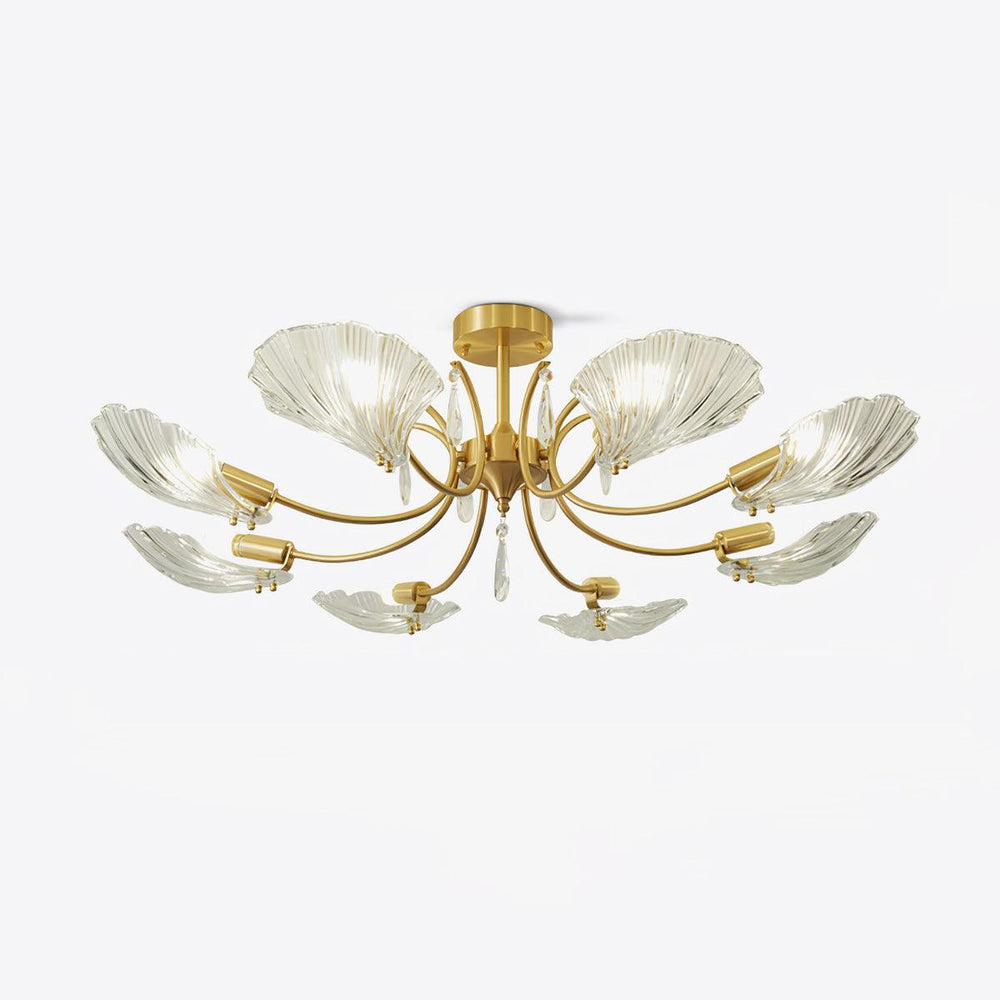 Brass semi flush mount ceiling light with fluted glass shell shades on curved arms