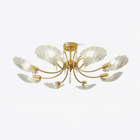 Brass semi flush mount ceiling light with fluted glass shell shades on curved arms