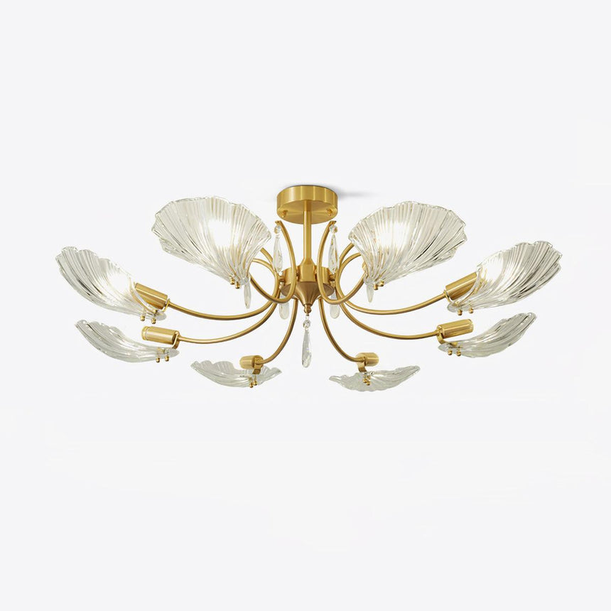 Brass semi flush mount ceiling light with fluted glass shell shades on curved arms