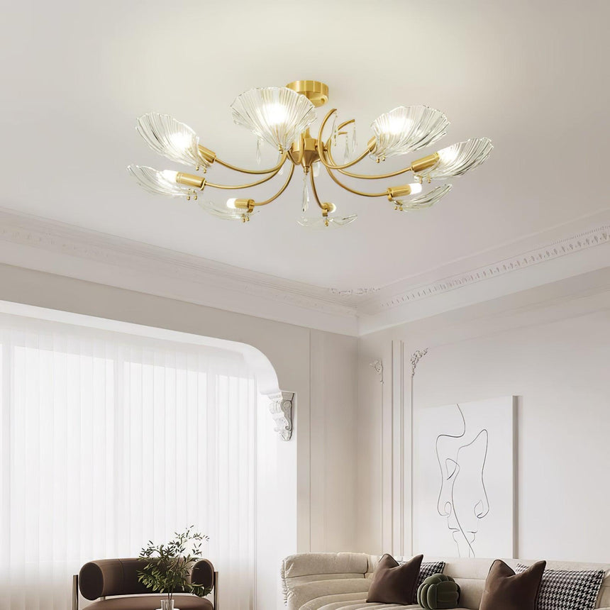 Shell shade ceiling light on a white ceiling in a bright room