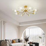 Shell shade ceiling light in a living room with an arched doorway