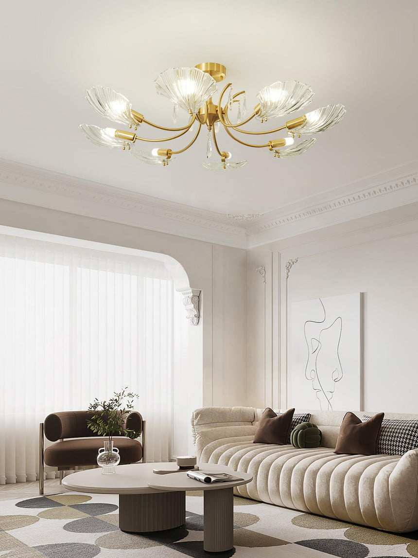 Shell shade ceiling light in a living room with a checkered floor