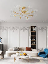 Shell shade ceiling light in a living room with a blue armchair