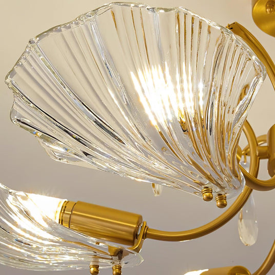 Close view of a lit fluted glass shell shade