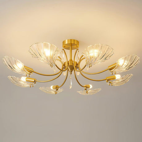 Shell shade ceiling light lit and seen from below