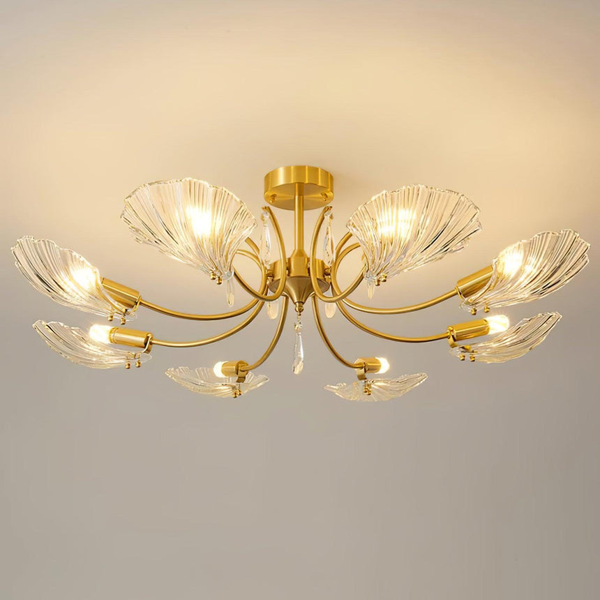 Shell shade ceiling light lit and seen from below