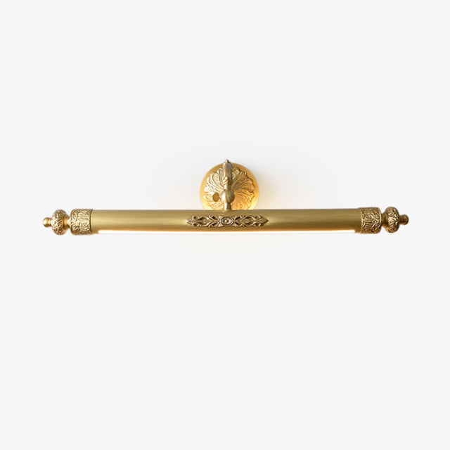 Brass vanity light, a cast tube with turned finials under a shell shaped wall plate