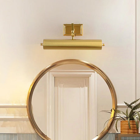 Brass tube lit above an arched mirror with a plant on the counter below