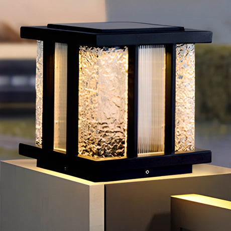 The textured glass lit from within, the pattern visible across a panel