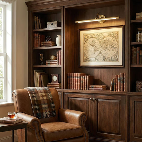 Brass bar lit above a framed map in a book lined room with a leather armchair