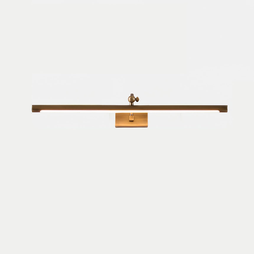 The longest bronze bar seen straight on, a narrow tube on a central pivot arm