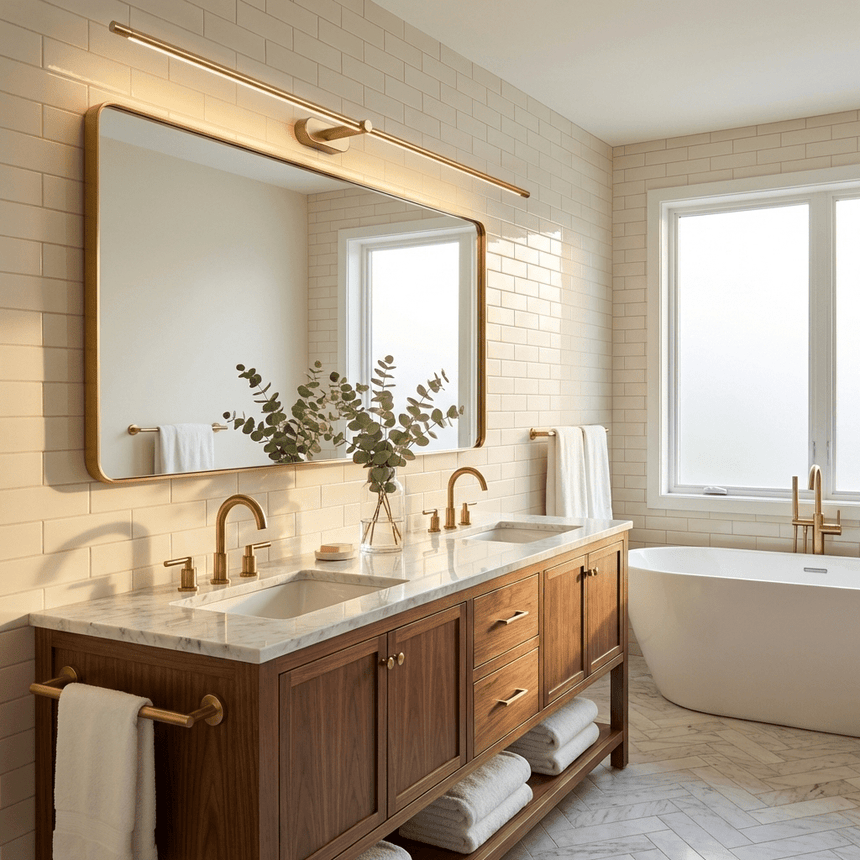 Slim rod lit above a wide mirror over a double basin walnut vanity beside a bath