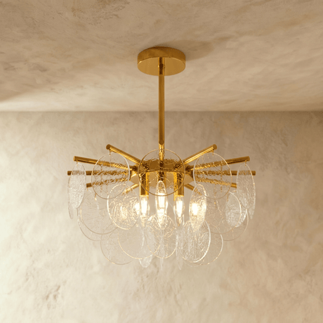 The small size in clear glass, the discs catching light in two loose tiers