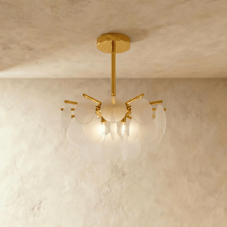 The small size, frosted glass discs gathered in two tiers under a gold hub