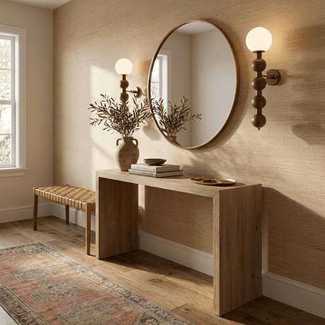 Two sconces lit either side of a round mirror above a console and a bench