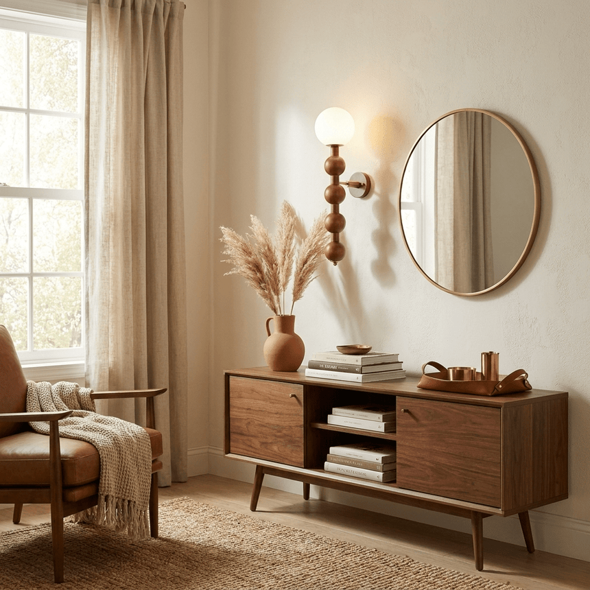 Two sconces lit above a long wood sideboard between two bright windows