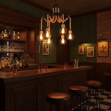 Chandelier lit above a dark bar counter with stools and bottles