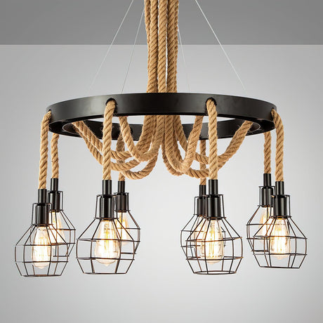The eight light build lit warm with cages ringed under the frame