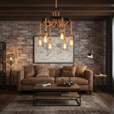 The fitting lit in a brick walled living room above a sofa and table