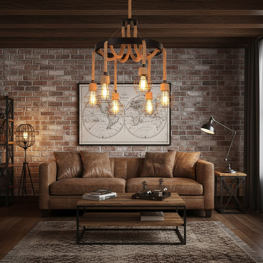 The fitting lit in a brick walled living room above a sofa and table