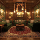 The cages lit in a wood lined room above a sofa and a patterned rug