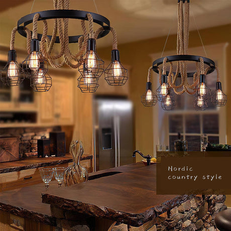Cages lit above a live edge island counter with a window behind