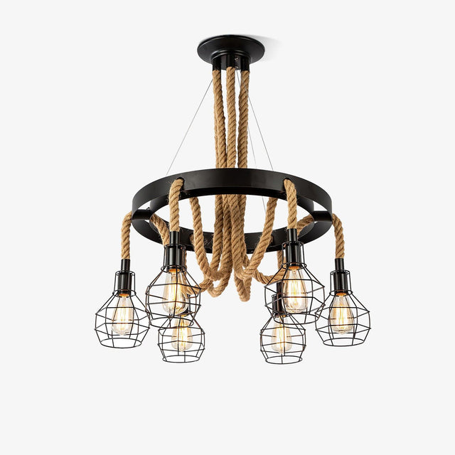 Cage chandelier with black wire shades hanging from hemp rope swags