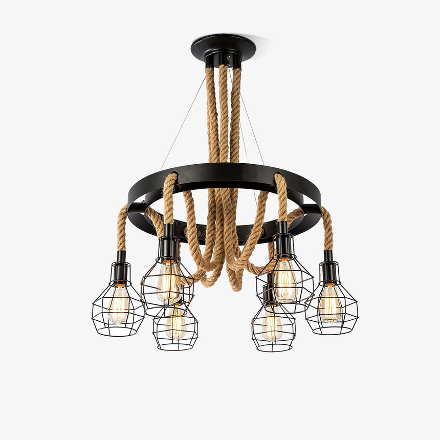 Cage chandelier with black wire shades hanging from hemp rope swags