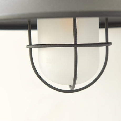 Close view of the wire cage around the frosted glass under the black shade