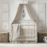 Lit above a crib under a fabric canopy with woven baskets alongside