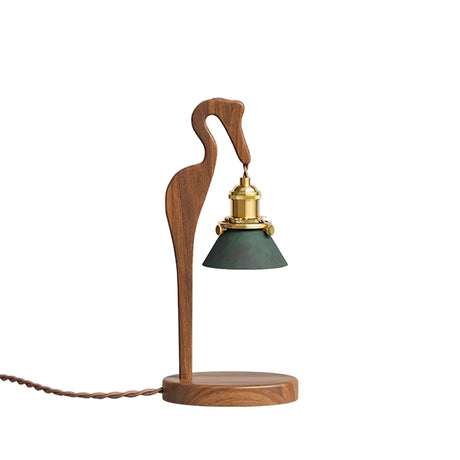 Walnut heron candle warmer lamp seen from an angle, unlit