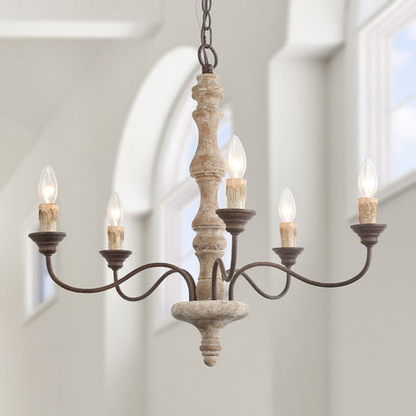 The five lit candle arms seen against a pale wall and an arched window frame