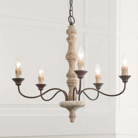 The five candle bulbs lit against a paneled white wall, the wood column reading pale gray