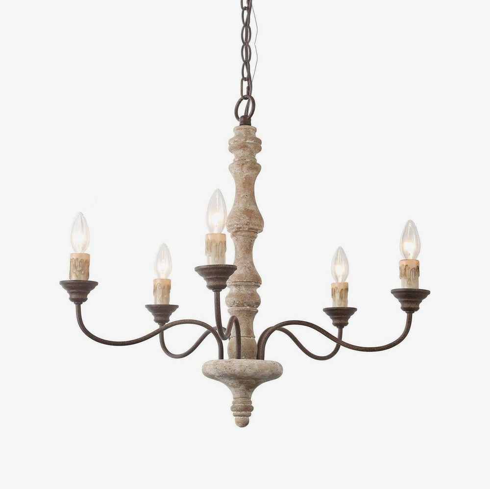 Five dark bronze arms curving out of a turned pale wood column, candle sleeves upright