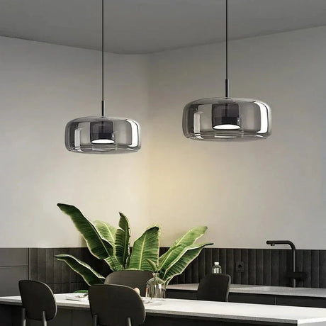 Two glass shades above a counter with plants behind