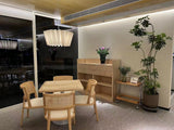 Two pleated fabric shades in a room with plants and wooden furniture