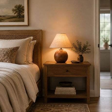 Ceramic bedside lamp lit on a nightstand beside a made bed