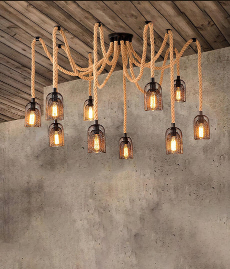 The caged version lit against a concrete wall under a timber ceiling