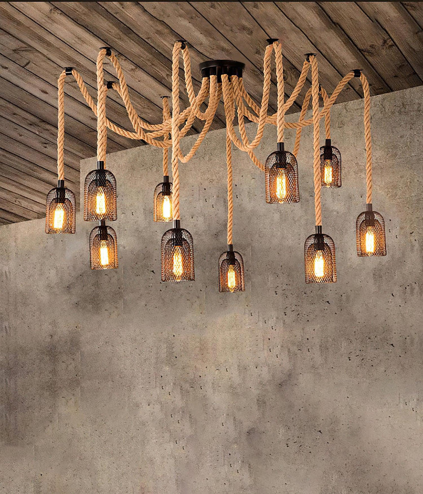 The caged version lit against a concrete wall under a timber ceiling