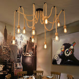 Lit in a room with a painted mural wall, wood tables and chairs