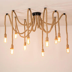 The open bulb version seen against a pale ceiling, rope arms spread wide