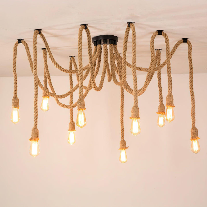 The open bulb version seen against a pale ceiling, rope arms spread wide