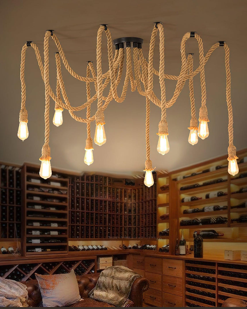 Lit warm above a sofa in a room lined with wine shelving