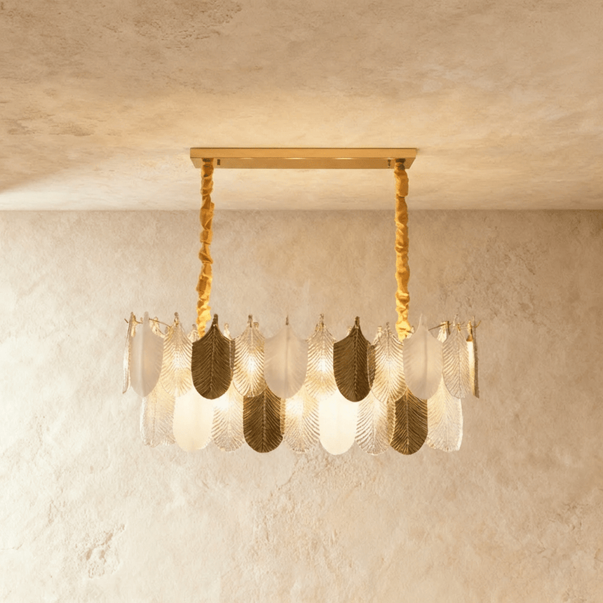 The rectangular version lit, feather shades tiered along the length of the bar