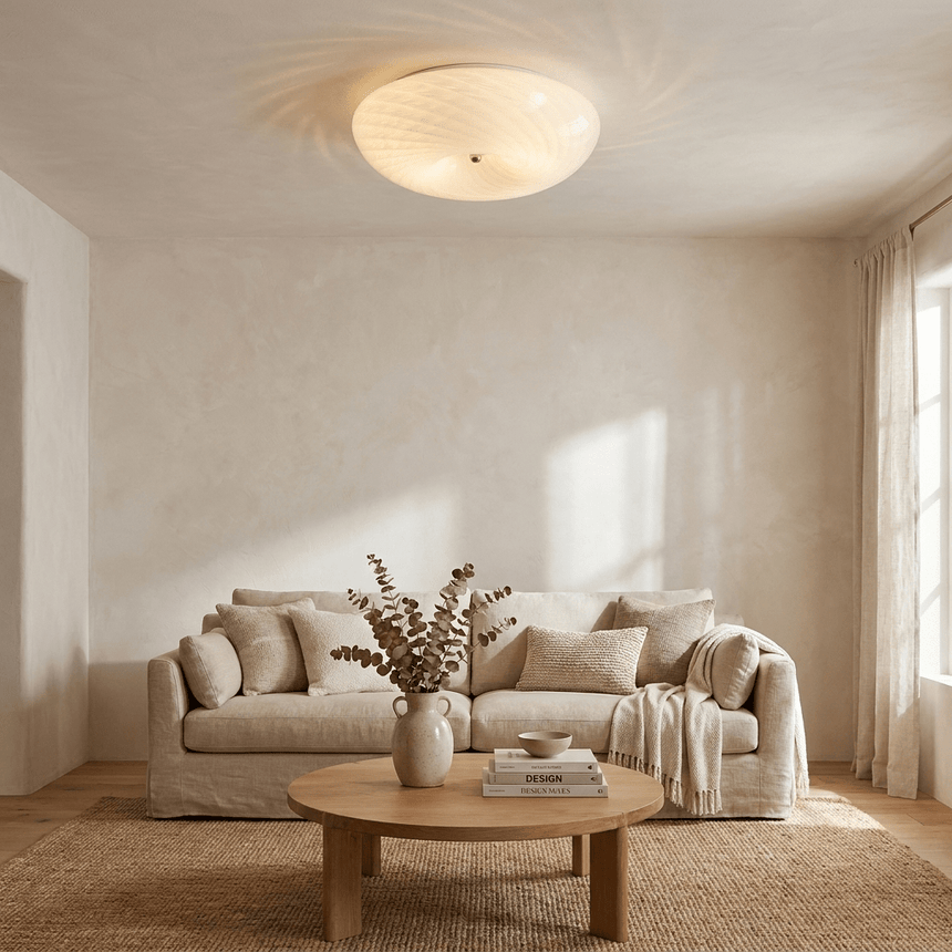 Swirled glass ceiling light in a living room with a round coffee table