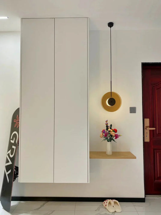 The disc hung upright in a hallway beside a mirror and a door