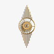 Wall sconce with a round crystal wheel set on a sunburst of slim gold rods