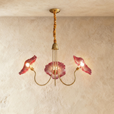 The same three arm frame with red and pink blown glass poppy shades